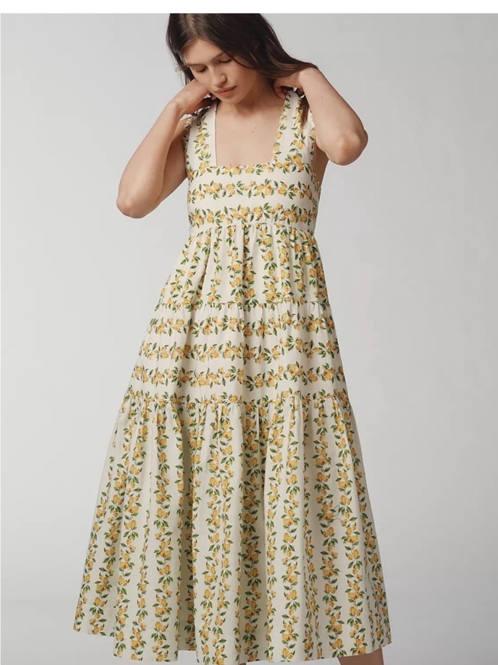 Anthropologie Cream Maxi Dress with Yellow Lemon Print